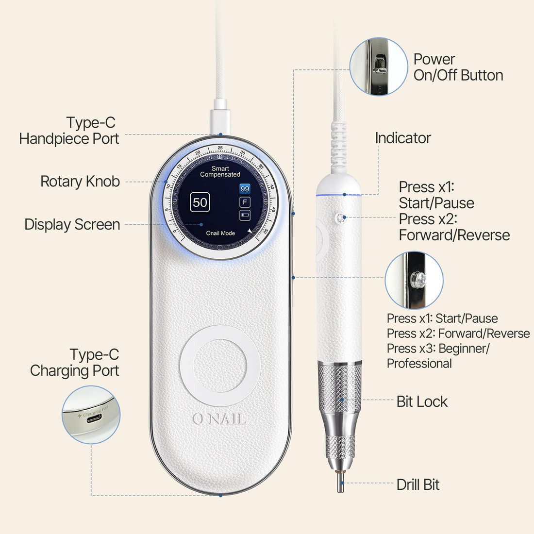 ONAIL Nail Drill Pro Max 2 Handpieces Version - White/Black/Purple