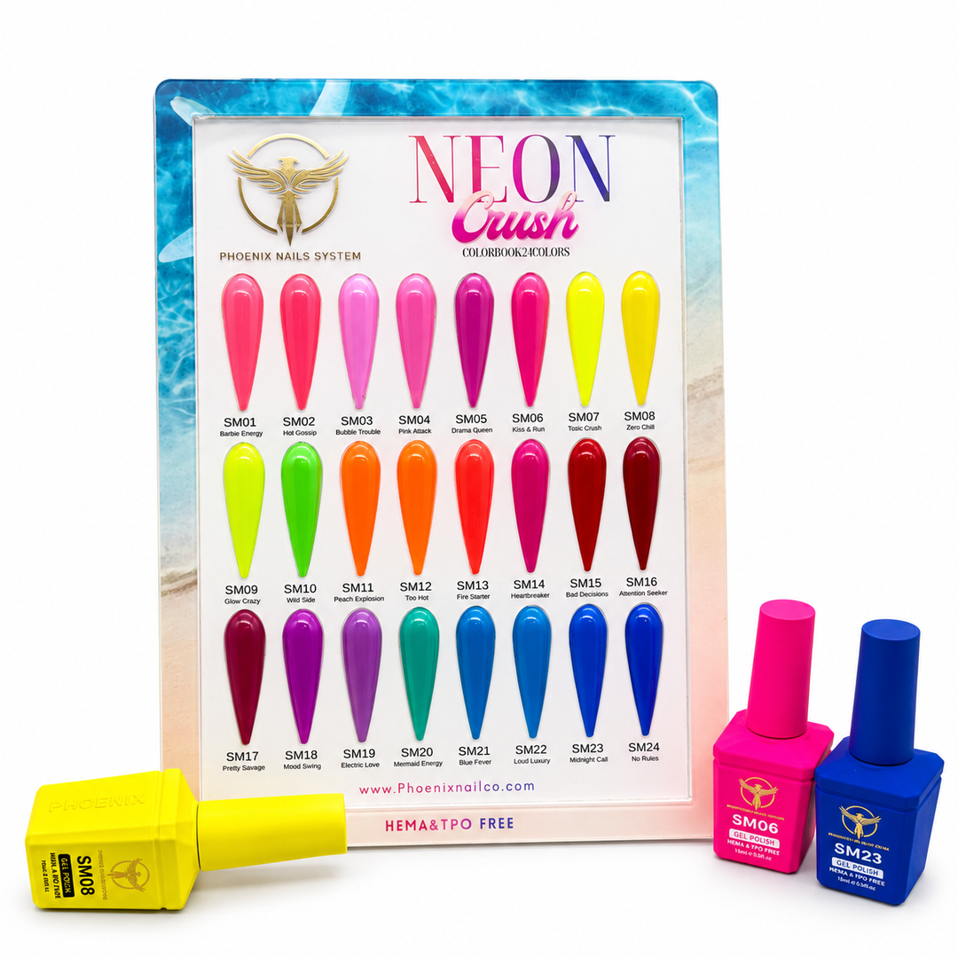 Phoenix NEON CRUSH Gel Collection 24 Colors - Free Extra 24 Gels + 1 Color Book + Vali + Free 6 MS Acrylic Powders 2oz
