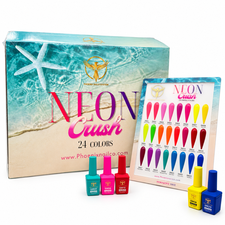 Phoenix NEON CRUSH Gel Collection 24 Colors - Free Extra 24 Gels + 1 Color Book + Vali + Free 6 MS Acrylic Powders 2oz