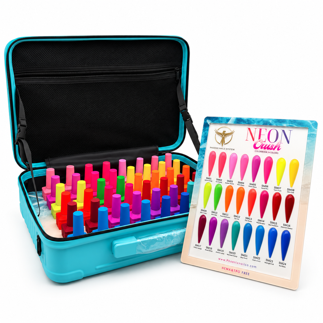 Phoenix NEON CRUSH Gel Collection 24 Colors - Free Extra 24 Gels + 1 Color Book + Vali + Free 6 MS Acrylic Powders 2oz