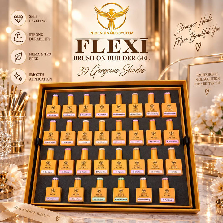 PHOENIX FLEXI Builder Gel Brush On (In Bottle) 60 colors Master Kit (Included Color Chart) - Free Extra Top + Base + Bond Refill (8oz)