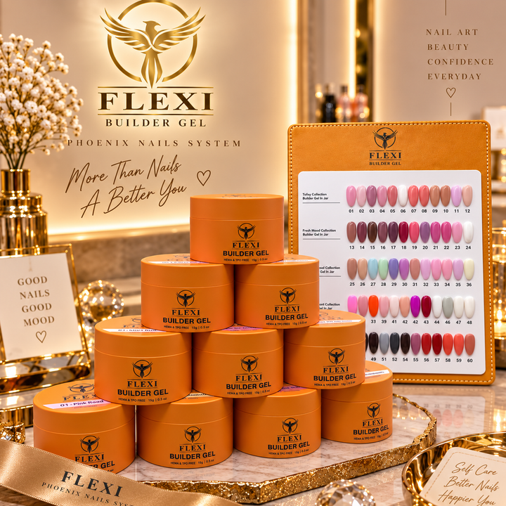 PHOENIX FLEXI Builder Gel (In Jar) 60 colors Master Kit (Included Color Chart) - Free Extra Top + Base + Bond Refill (8oz)