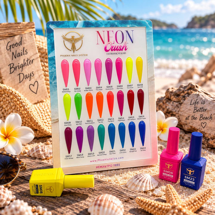 Phoenix NEON CRUSH Gel Collection 24 Colors - Free Extra 24 Gels + 1 Color Book + Vali + Free 6 MS Acrylic Powders 2oz
