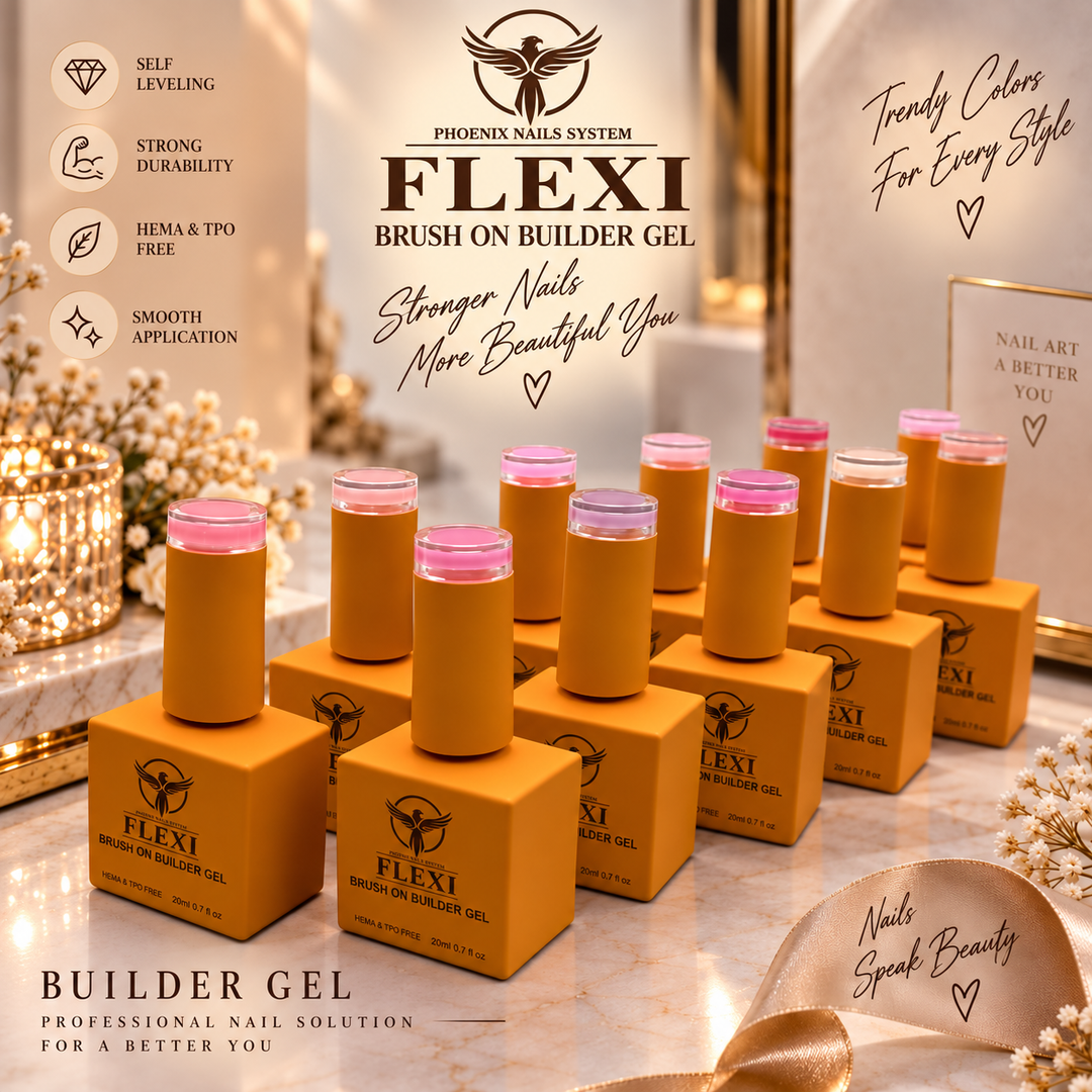 PHOENIX FLEXI Builder Gel Brush On (In Bottle) 60 colors Master Kit (Included Color Chart) - Free Extra Top + Base + Bond Refill (8oz)