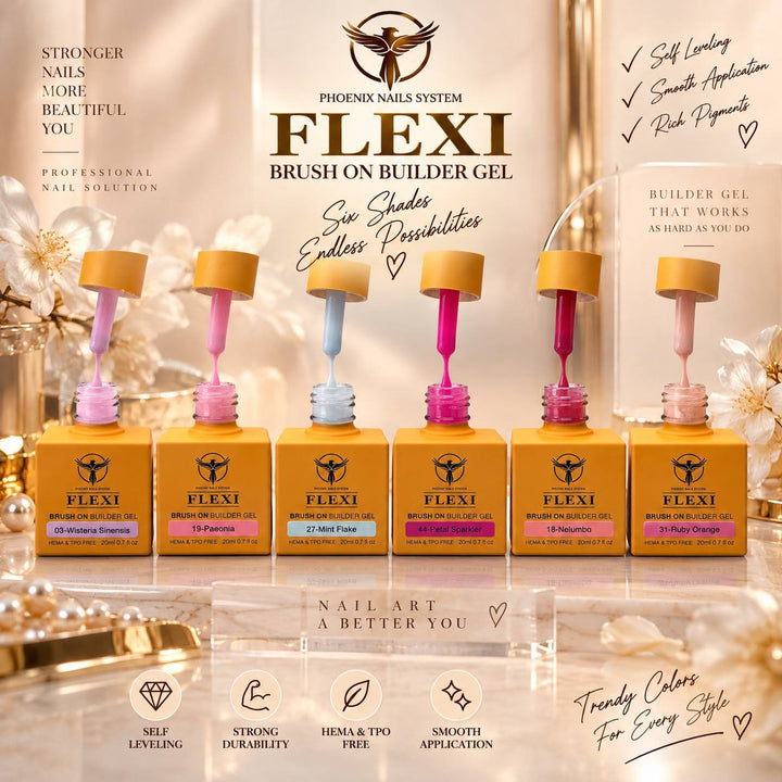 PHOENIX FLEXI Builder Gel Brush On (In Bottle) 60 colors Master Kit (Included Color Chart) - Free Extra Top + Base + Bond Refill (8oz)
