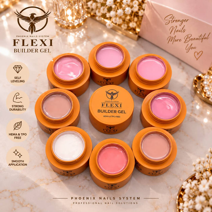PHOENIX FLEXI Builder Gel (In Jar) 60 colors Master Kit (Included Color Chart) - Free Extra Top + Base + Bond Refill (8oz)