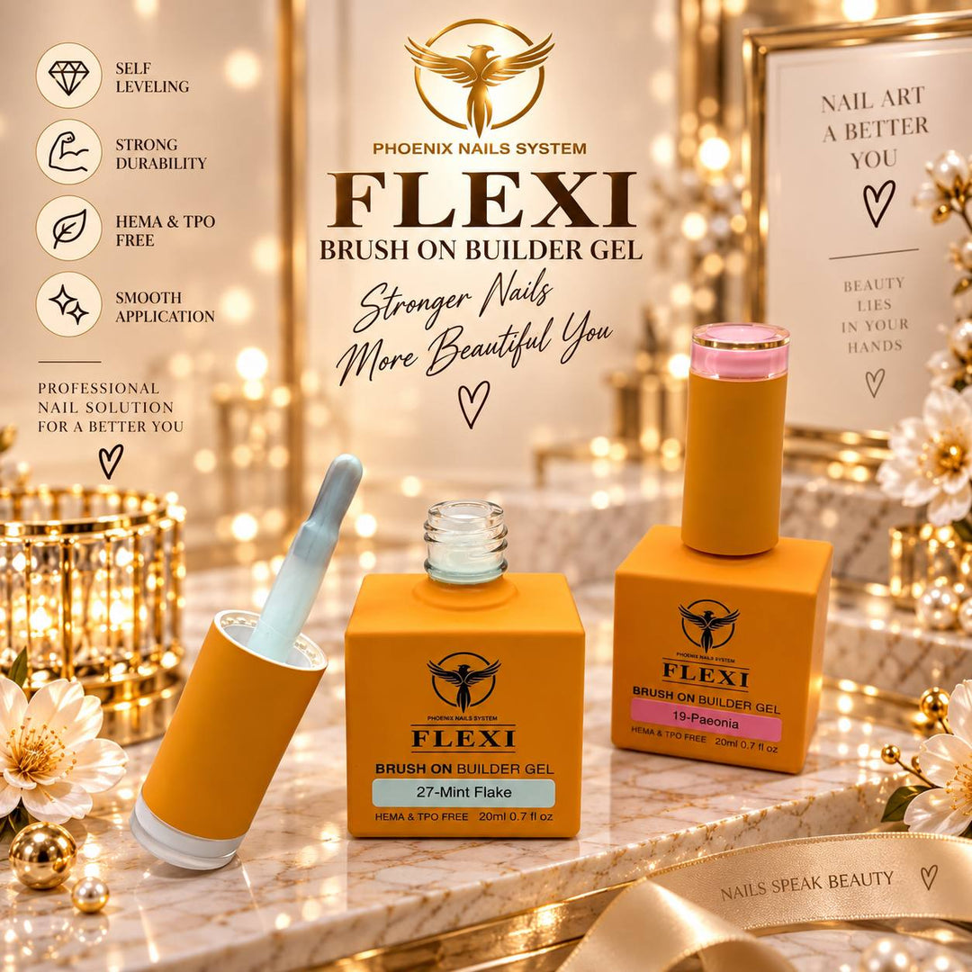 PHOENIX FLEXI Builder Gel Brush On (In Bottle) 60 colors Master Kit (Included Color Chart) - Free Extra Top + Base + Bond Refill (8oz)