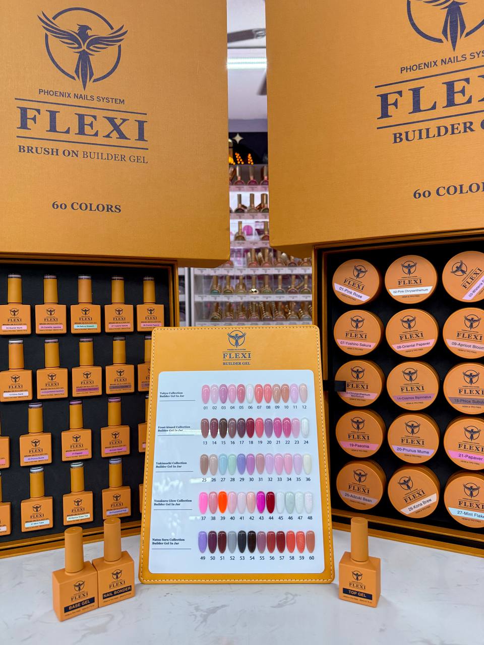 PHOENIX FLEXI Builder Gel Brush On (In Bottle) 60 colors Master Kit (Included Color Chart) - Free Extra Top + Base + Bond Refill (8oz)
