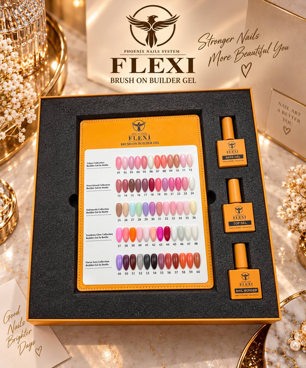 PHOENIX FLEXI Builder Gel Brush On (In Bottle) 60 colors Master Kit (Included Color Chart) - Free Extra Top + Base + Bond Refill (8oz)