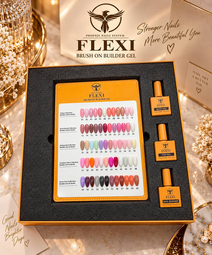 PHOENIX FLEXI Builder Gel Brush On (In Bottle) 60 colors Master Kit (Included Color Chart) - Free Extra Top + Base + Bond Refill (8oz)