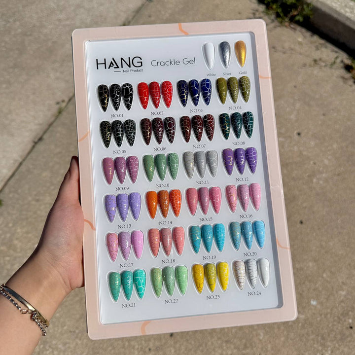 HANG Crackle Gel Collection – 27 Colors | 24 Gel Polish + 3 Base Colors + Display