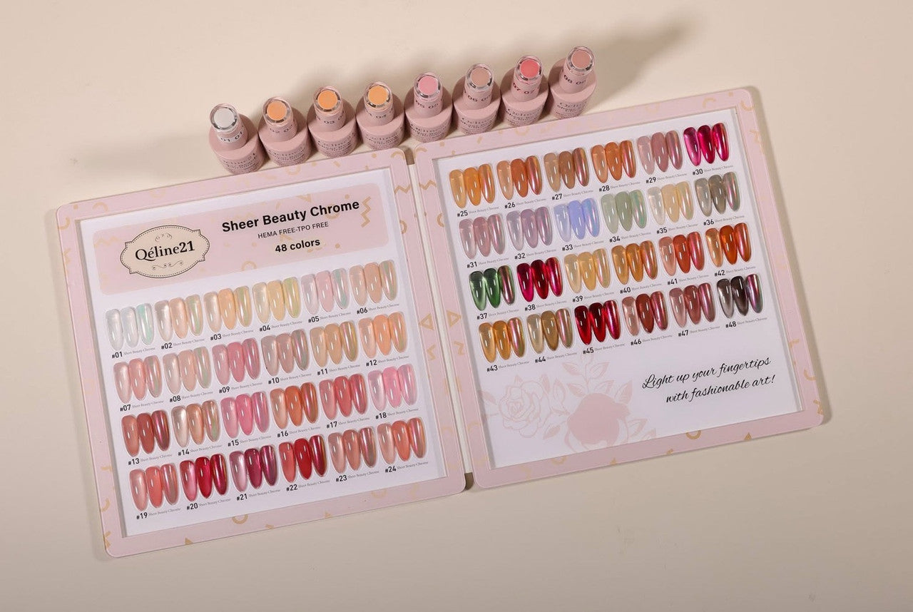 Qéline21 Sheer Beauty Chrome Gel 48 Colors + Free 5 Set Gel Top Base + 2 Chrome Powder