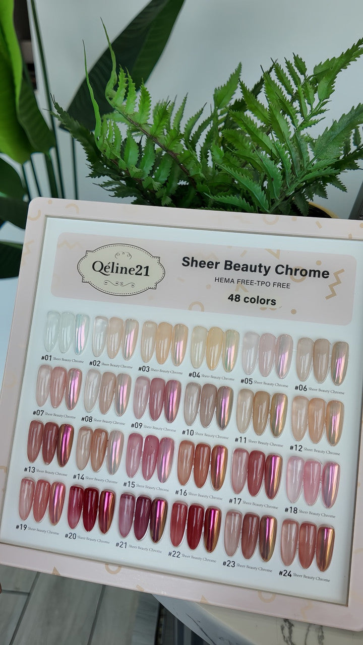 Qéline21 Sheer Beauty Chrome Gel 48 Colors + Free 5 Set Gel Top Base + 2 Chrome Powder