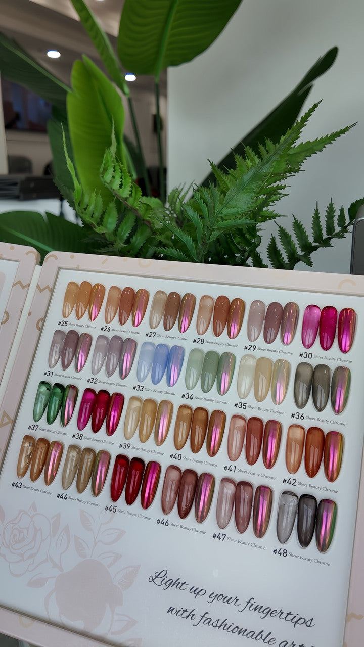 Qéline21 Sheer Beauty Chrome Gel 48 Colors + Free 5 Set Gel Top Base + 2 Chrome Powder