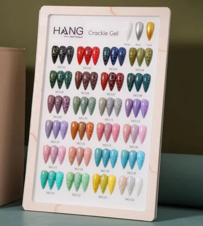 HANG Crackle Gel Collection – 27 Colors | 24 Gel Polish + 3 Base Colors + Display