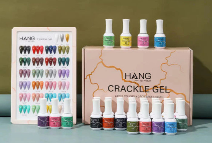 HANG Crackle Gel Collection – 27 Colors | 24 Gel Polish + 3 Base Colors + Display