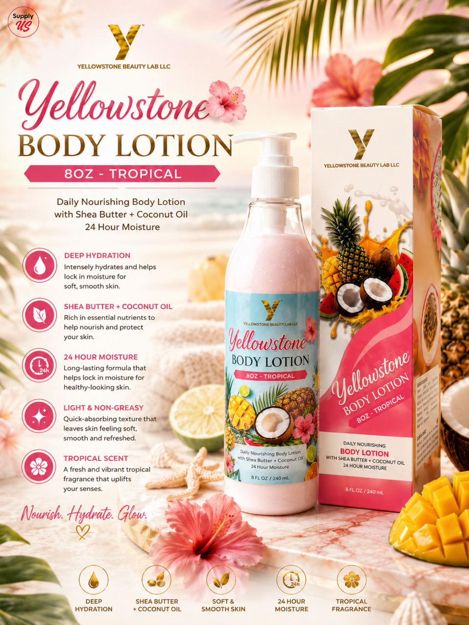 Yellowstone Body Lotion 8oz - Tropical - Free Gift Box