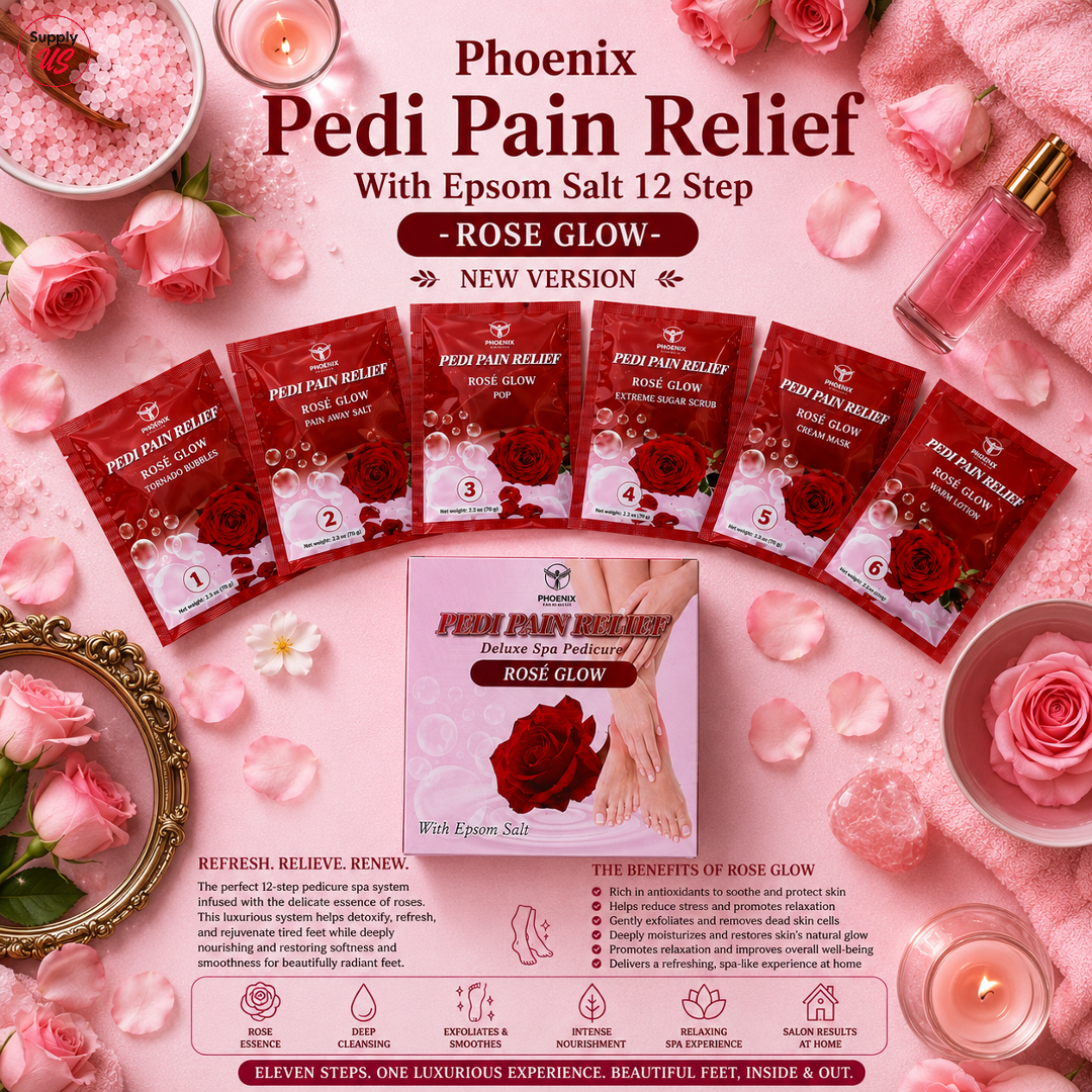 Phoenix Pedi Pain Relief With Epsom Salt 12 Step - 5pcs (Random Mix Scents) - NEW VERSION - Free Massage Candle + Pedi Kit & Liner