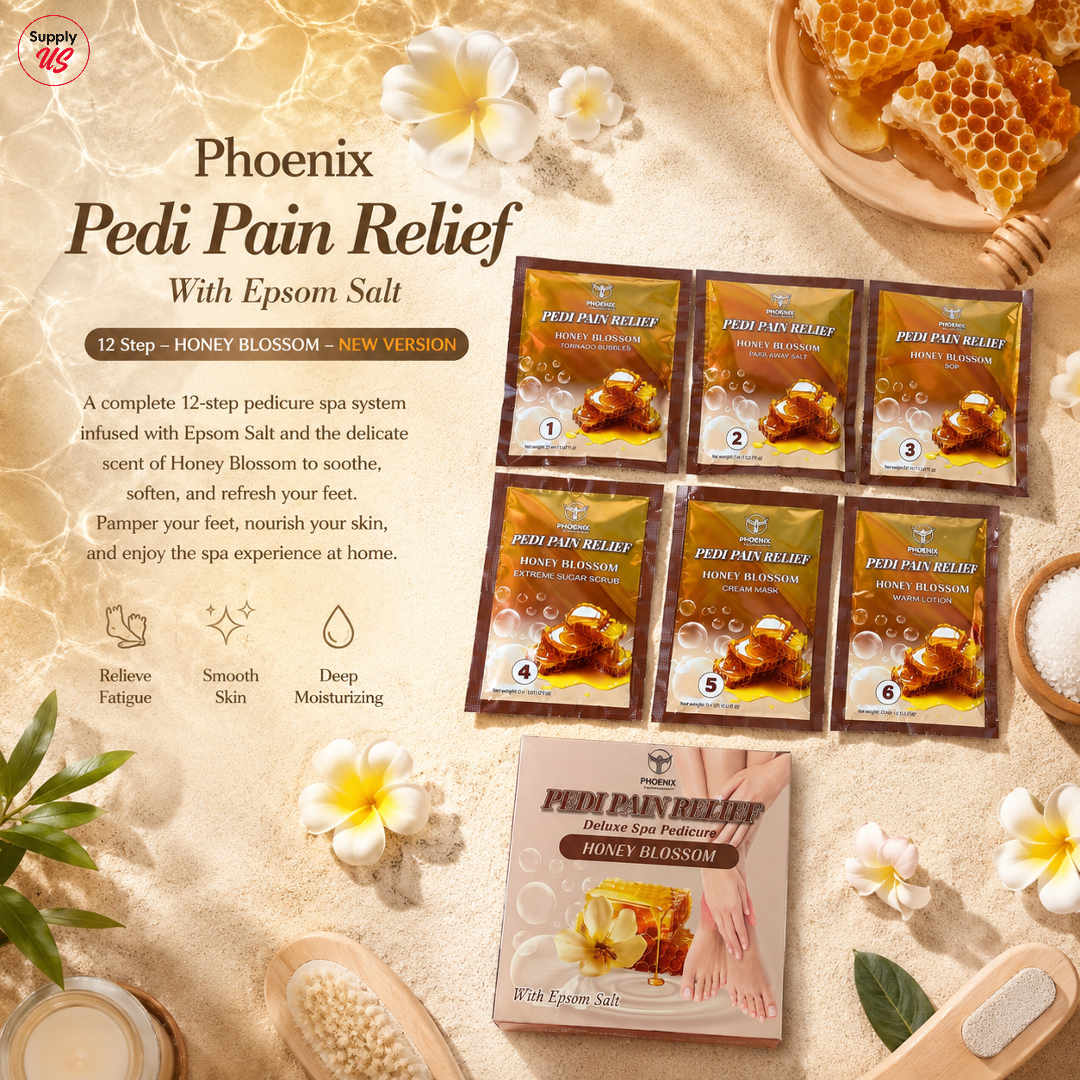 Phoenix Pedi Pain Relief With Epsom Salt 12 Step - 5pcs (Random Mix Scents) - NEW VERSION - Free Massage Candle + Pedi Kit & Liner