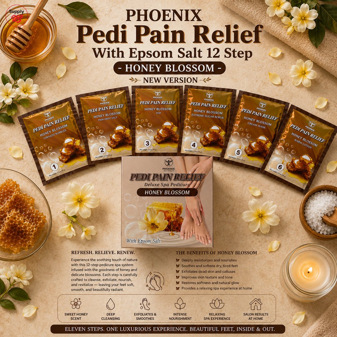 Phoenix Pedi Pain Relief With Epsom Salt 12 Step - 5pcs (Random Mix Scents) - NEW VERSION - Free Massage Candle + Pedi Kit & Liner