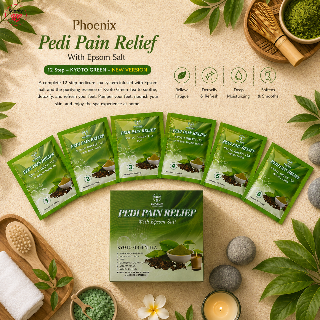 Phoenix Pedi Pain Relief With Epsom Salt 12 Step - 5pcs (Random Mix Scents) - NEW VERSION - Free Massage Candle + Pedi Kit & Liner