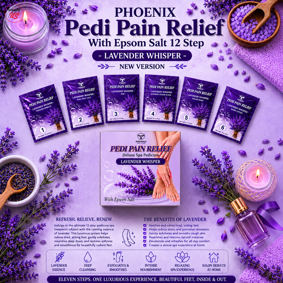 Phoenix Pedi Pain Relief With Epsom Salt 12 Step - 5pcs (Random Mix Scents) - NEW VERSION - Free Massage Candle + Pedi Kit & Liner