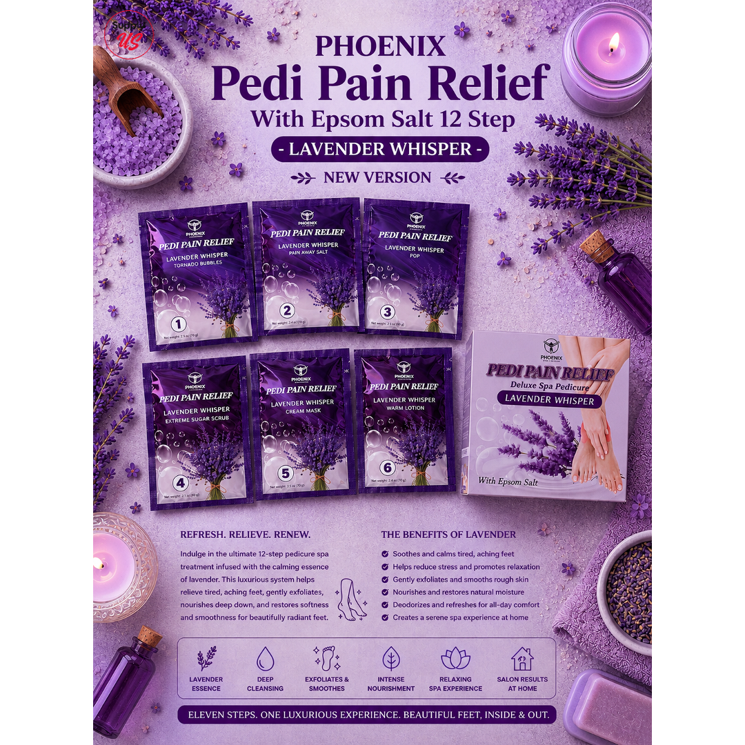 Phoenix Pedi Pain Relief With Epsom Salt 12 Step - 5pcs (Random Mix Scents) - NEW VERSION - Free Massage Candle + Pedi Kit & Liner