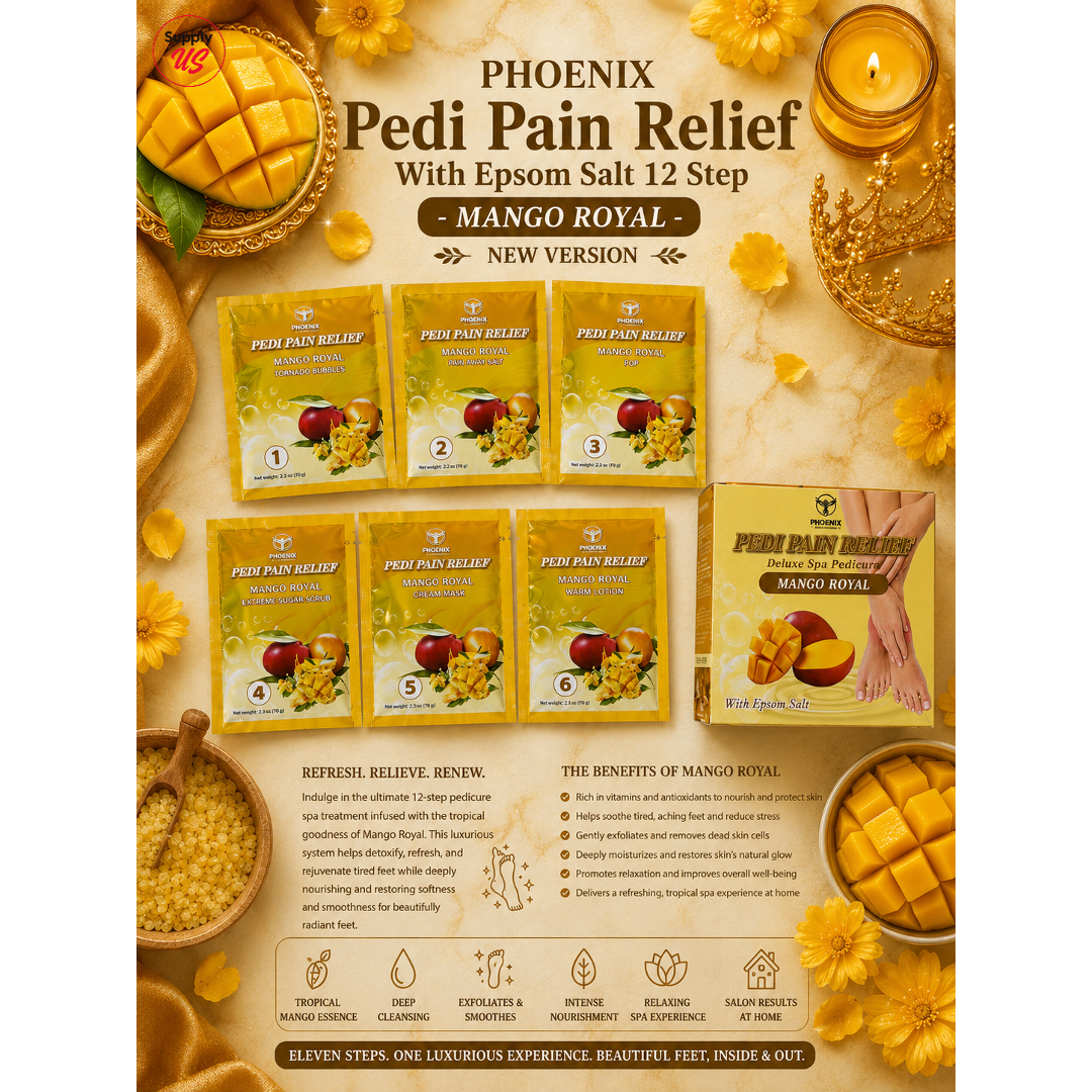 Phoenix Pedi Pain Relief With Epsom Salt 12 Step - 5pcs (Random Mix Scents) - NEW VERSION - Free Massage Candle + Pedi Kit & Liner