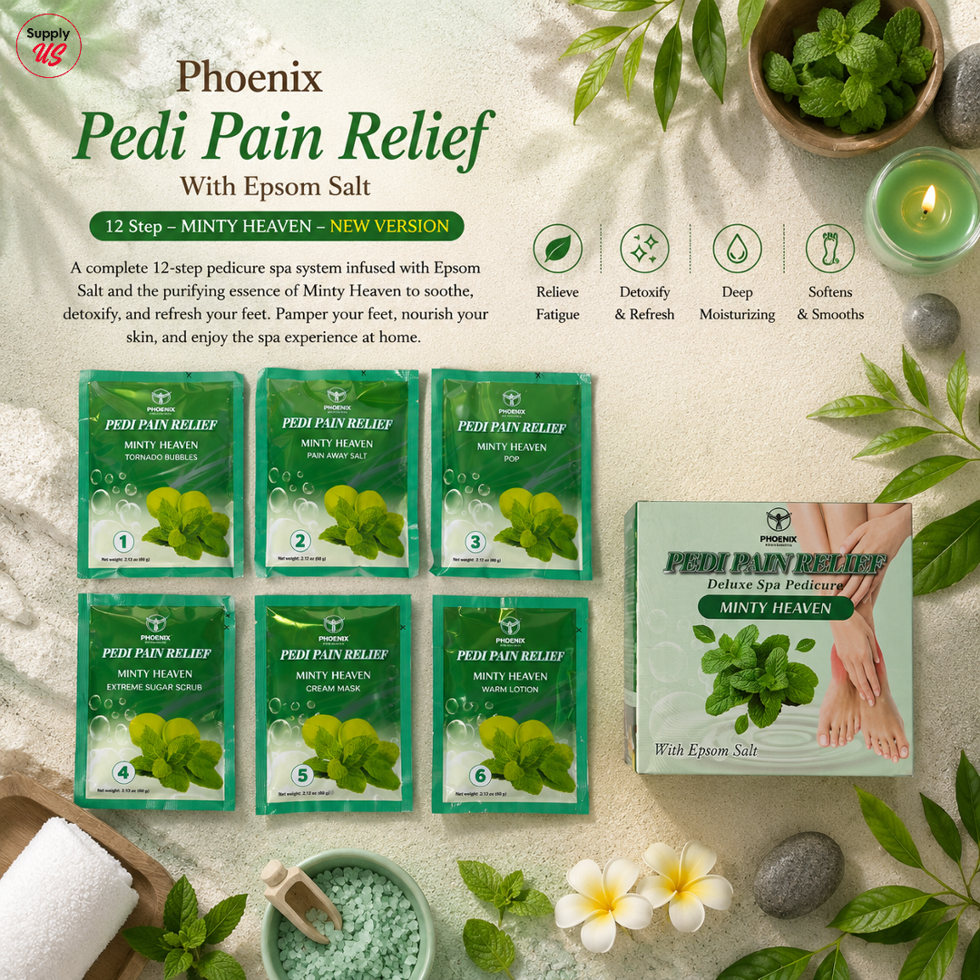 Phoenix Pedi Pain Relief With Epsom Salt 12 Step - 5pcs (Random Mix Scents) - NEW VERSION - Free Massage Candle + Pedi Kit & Liner