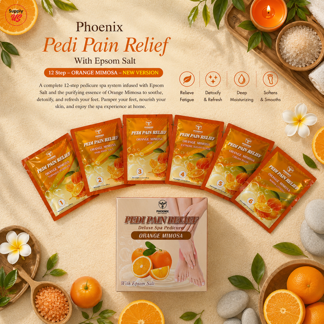 Phoenix Pedi Pain Relief With Epsom Salt 12 Step - 5pcs (Random Mix Scents) - NEW VERSION - Free Massage Candle + Pedi Kit & Liner