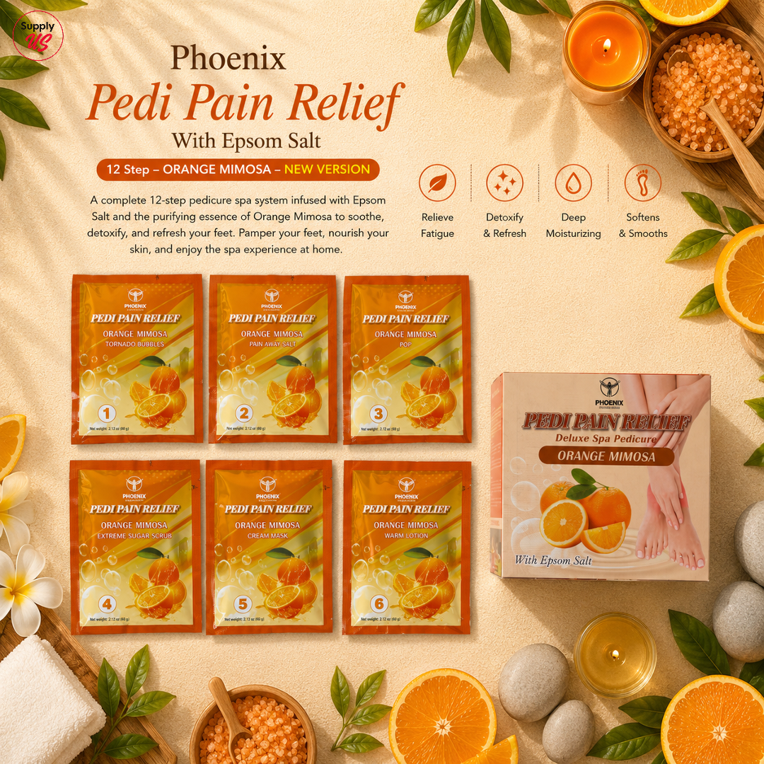 Phoenix Pedi Pain Relief With Epsom Salt 12 Step - 5pcs (Random Mix Scents) - NEW VERSION - Free Massage Candle + Pedi Kit & Liner