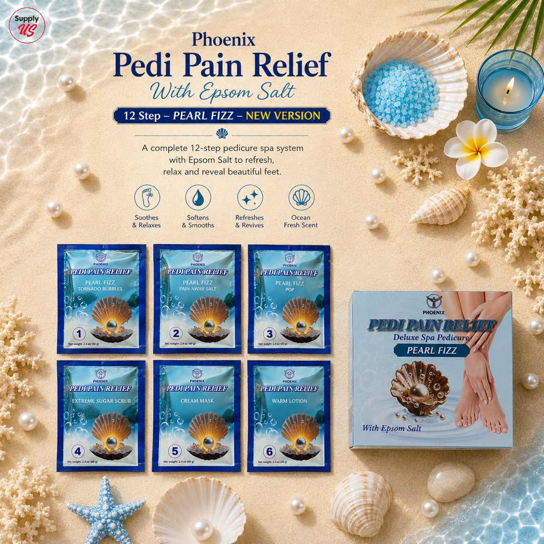 Phoenix Pedi Pain Relief With Epsom Salt 12 Step - 5pcs (Random Mix Scents) - NEW VERSION - Free Massage Candle + Pedi Kit & Liner