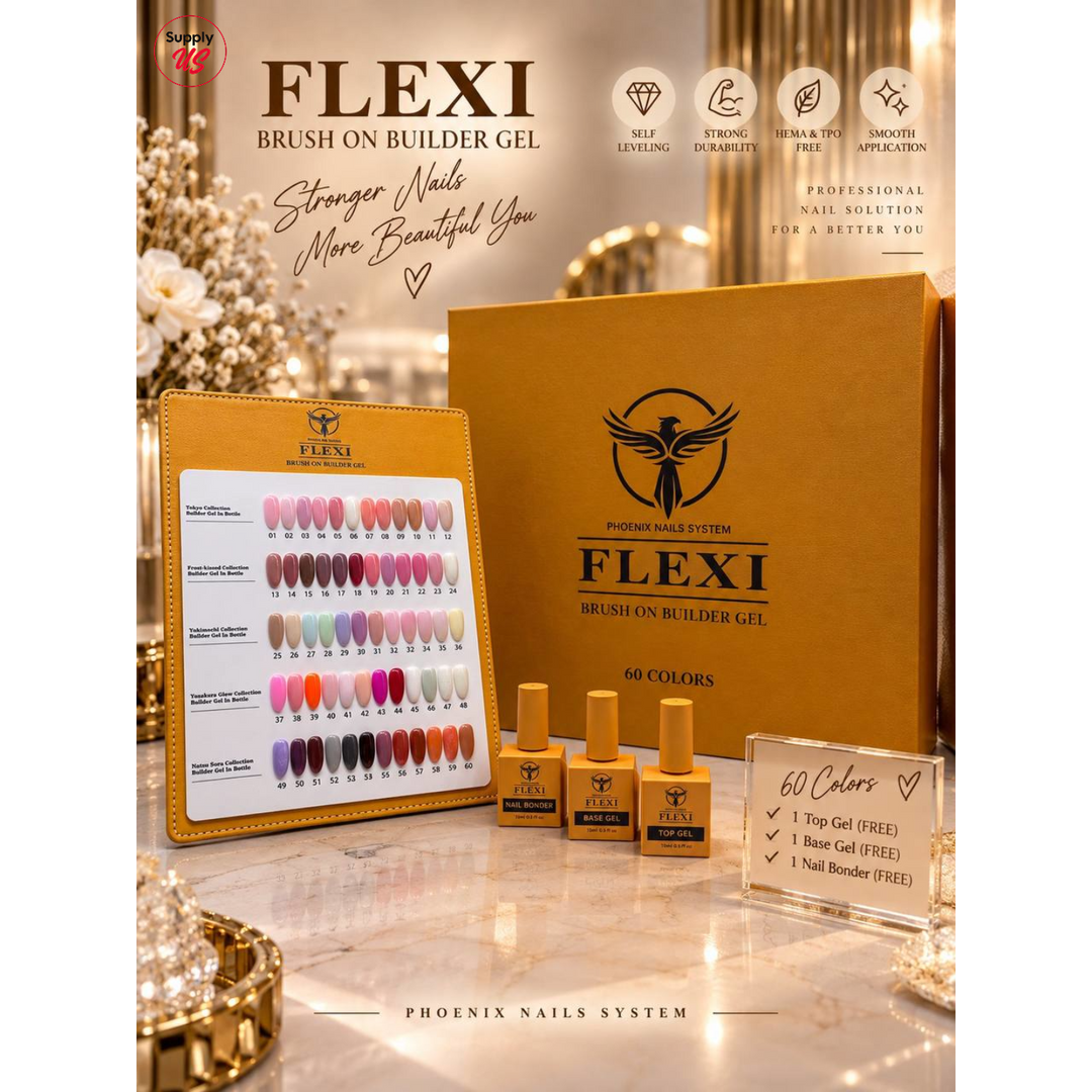 PHOENIX FLEXI Builder Gel Brush On (In Bottle) 60 colors Master Kit (Included Color Chart) - Free Extra Top + Base + Bond Refill (8oz)