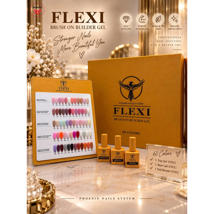 PHOENIX FLEXI Builder Gel Brush On (In Bottle) 60 colors Master Kit (Included Color Chart) - Free Extra Top + Base + Bond Refill (8oz)