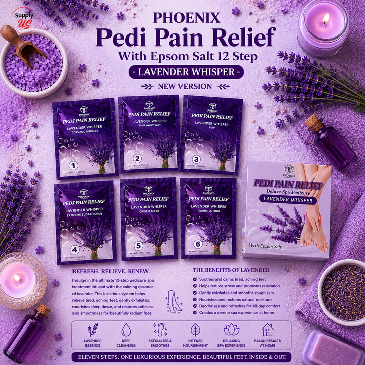 Phoenix Pedi Pain Relief With Epsom Salt 12 Steps - 24pcs/Case - NEW VERSION - Free Massage Candle + Pedi Kit &amp; Liner