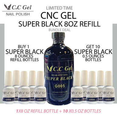 CNC SOAK-OFF GEL BLACK G005 8OZ + FREE 10 GEL BLACK 0.5OZ