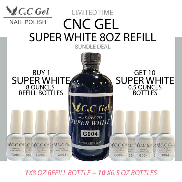 CNC SOAK-OFF GEL WHITE G004 8OZ + FREE 10 GEL WHITE 0.5OZ