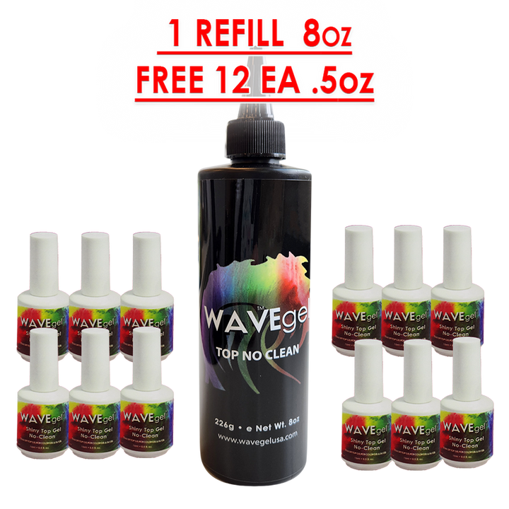 Wave Gel No Cleanse Top Coat Refill 8oz + Free 12 No Cleanse Top 0.5oz
